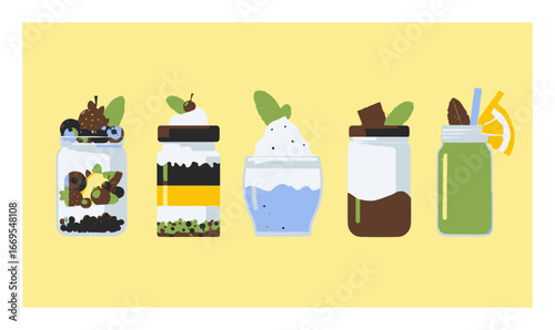 Colorful Cartoon Containers with Delicious Desserts and Refreshing Drinks