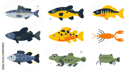 Colorful Cartoon Fish and Aquatic Creatures on Flat Background