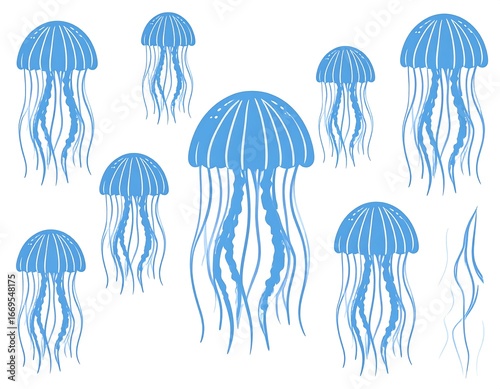 Silhouettes of blue jellyfish