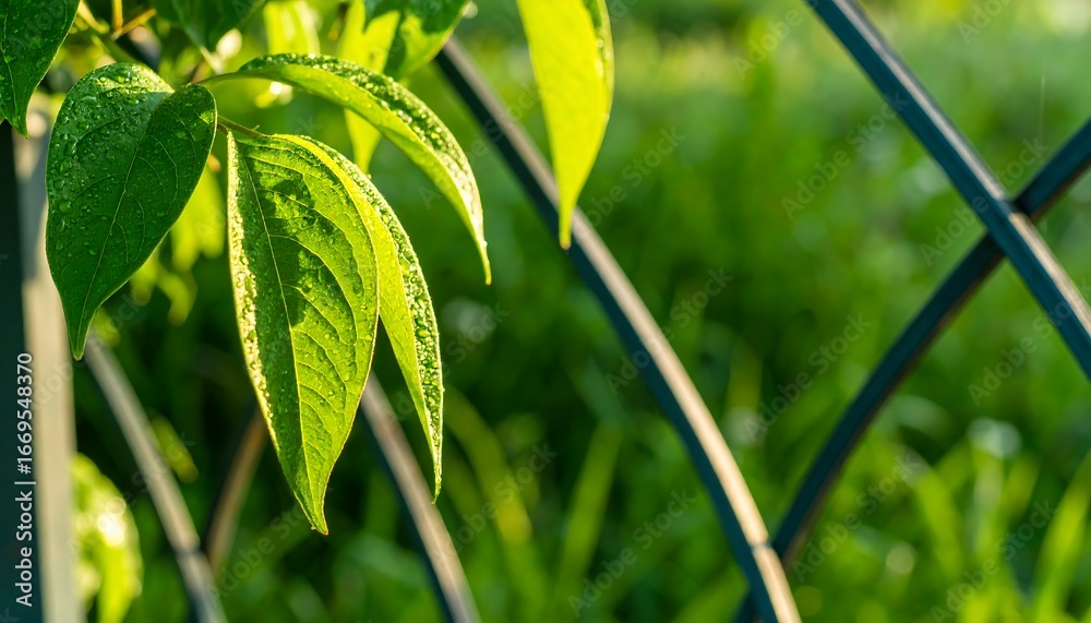 Fototapeta premium Dewy Green Leaves on Garden Trellis