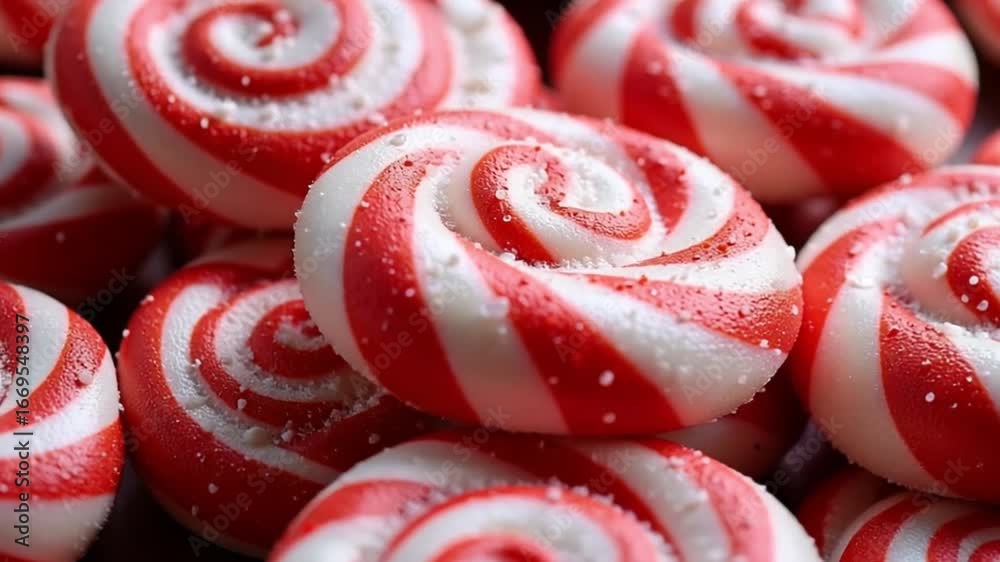 Close up shot of a pile of red and white peppermint swirl candies with sugary sprinkles on them