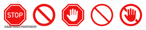 Red STOP sign icon set. Sign with hand and stop sign. Warning sign, attention, prohibition, danger, alert, road sign - stock vector.