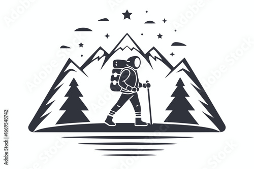 Silhouette of spaceman hiking mountainous terrain with tall trees and starry celestial backdrop