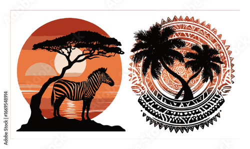 Abstract Illustration of Zebra and Tropical Palm Tree in Sunset Scene
