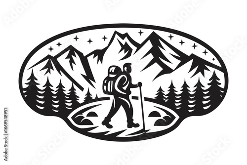 Silhouette illustration presents hiker with backpack walking through mountain forests and stars