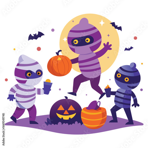 Tshirt vector art of mummies trickortreating with pumpkins and candy, halloween night celebration