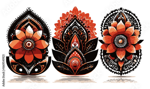 Vibrant Abstract Floral Illustrations with Intricate Black Patterns