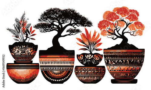 Colorful Abstract Illustration of Stylized Potted Plants and Trees