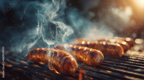 National Sausage Month, grilled sausages sizzling on barbecue grill with smoke rising