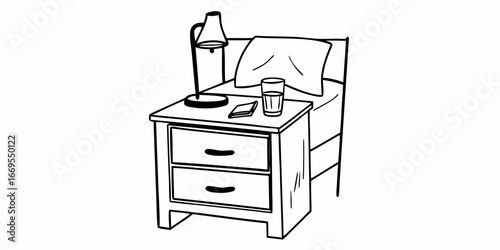 A bedside table with a lamp, a glass of water and a book next to a bed in a black and white drawing on transparent background