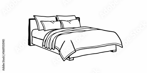 Illustration of a bed with pillows and blanket in black and white simple line drawing style design art on transparent background