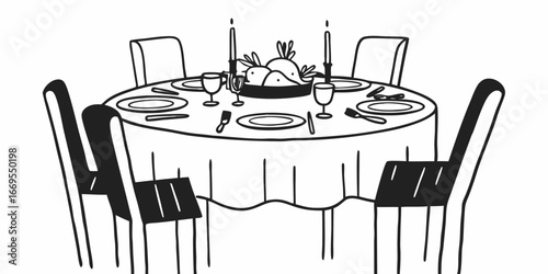 A round dinner table with six chairs plates glasses silverware candles and a centerpiece is shown on transparent background