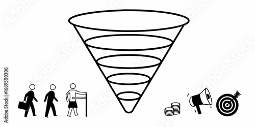 Sales funnel illustration showing potential customers converting to target with marketing tools on transparent background