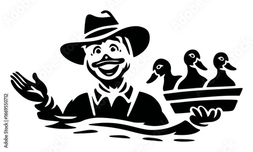 Cheerful Farmer with Ducks in a Boat on a Calm Water Surface