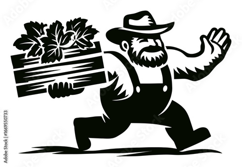 Farmer Carrying Crop Box in Vintage Style Silhouette Illustration
