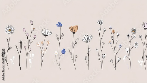Delicate wildflower line art in pastel hues against a beige background