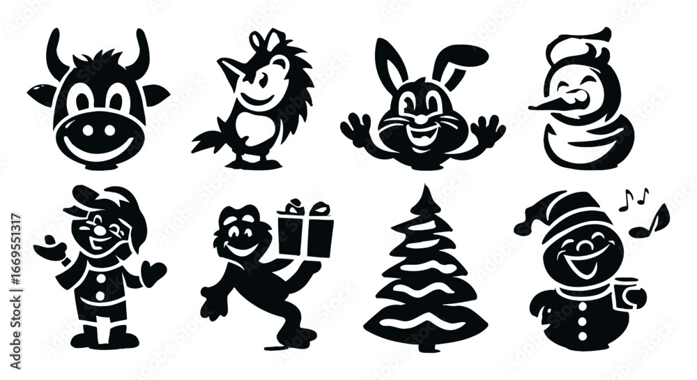 Naklejka premium Set of Black Silhouettes Featuring Fun Characters and Seasonal Icons