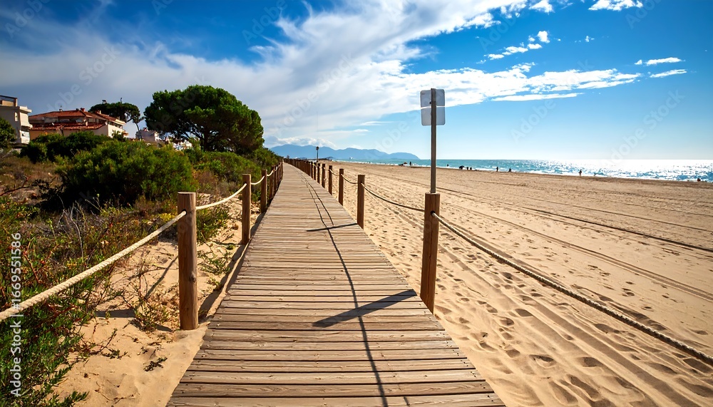 Fototapeta premium A sunny wooden walkway leads to a sandy beach, fringed with vegetation and tranquil water.