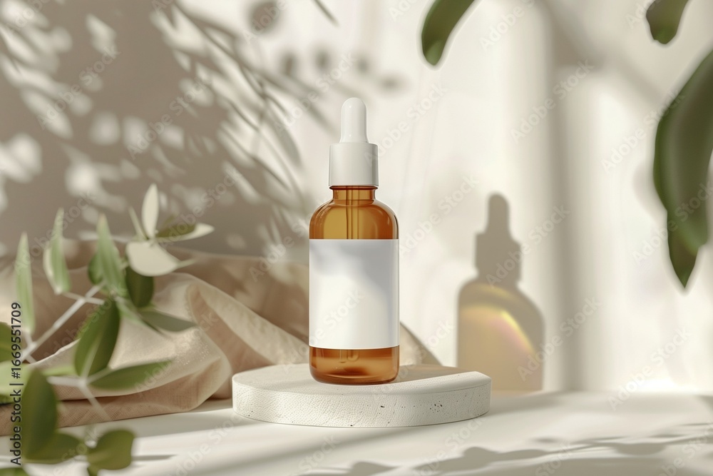 Obraz premium Skincare product mockup with blank label, minimalist glass bottle, soft natural lighting.