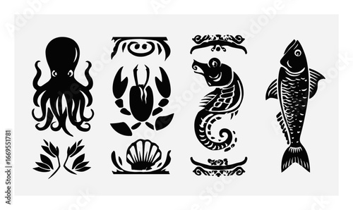 Sea Creatures and Nautical Elements in Victorian Style Black Illustrations
