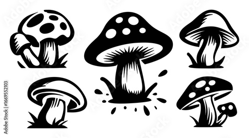 Black and White Silhouettes of Various Mushroom Designs and Shapes