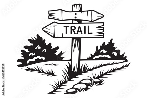 Monochrome trailhead marker sign points the way among the trees and grass showing trail