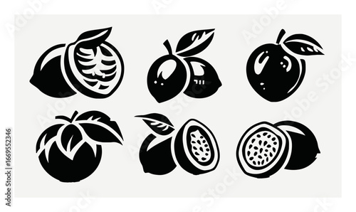 Black and White Illustrations of Fresh Fruits with Leaves for Design