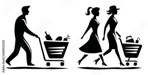 Shopping Activities with Cart and Stylish Women in Black Silhouette