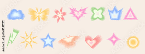Geometric shapes with grain noise gradient set. Y2k retro heart, star and circle with flower. Colorful pastel dots gradation butterfly, crown on beige background. Trendy forms. Vector illustration.