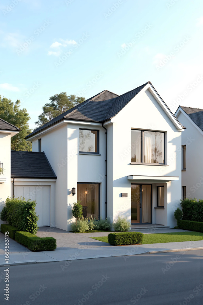 Fototapeta premium A contemporary two-story house exterior with white walls, black tiled roof, and a small balcony. Elegant modern minimalist architecture with large windows and clean landscaping design. Perfect for rea