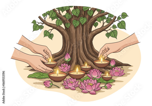 Hands lighting candles around a sacred tree adorned with lotus flowers and lush foliage, symbolizing peace, spiritual growth, and devotion during a serene outdoor ceremony
