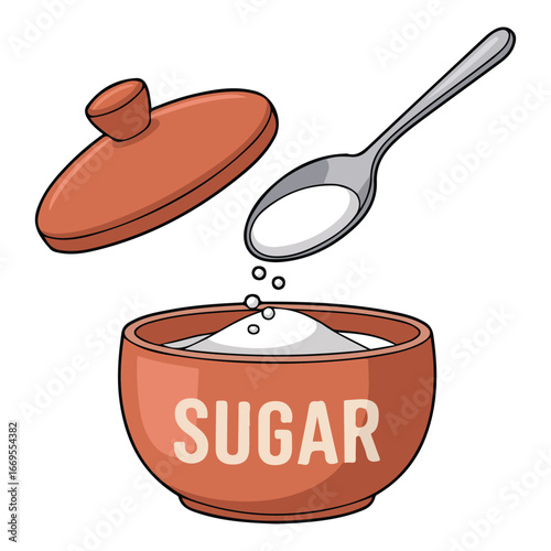 Natural white granulated sugar in red jar with spoon vector illustration