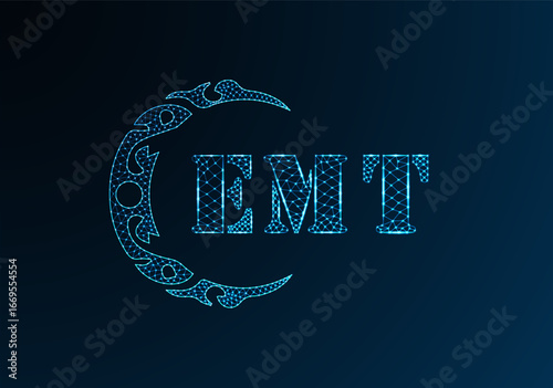 Low poly letter logo EMT design. EMT letter logo low poly vector design on blue color gradient background. EMT logo low poly design