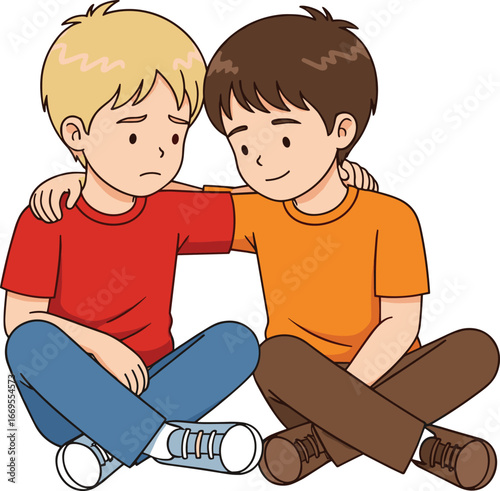 Two boys sitting together, comforting each other, friendship support, empathy, emotional connection, children, kindness, caring, teamwork, understanding