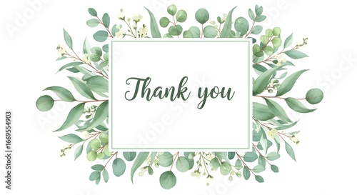 Wallpaper Mural Watercolor floral illustration, a beautiful thank you card with a rectangular frame completely surrounded by a lush border of eucalyptus leaves and small white flowers. Torontodigital.ca