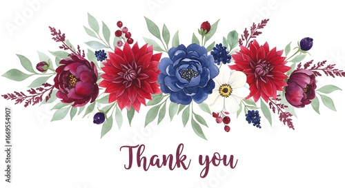 Watercolor floral illustration, a colorful thank you card featuring a long bouquet of red, blue, and white dahlias and peonies with mixed berries.