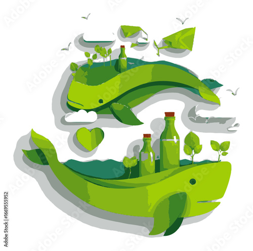 Green Marine Life Illustration with Trees, Bottles, and Eco-Friendly Design