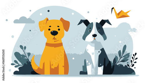 Cute Flat Cartoon Dogs in Colorful Design with Leaves and Origami Bird