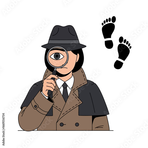 A detective in a trench coat and fedora examines footprints with a magnifying glass, symbolizing investigation and mystery.