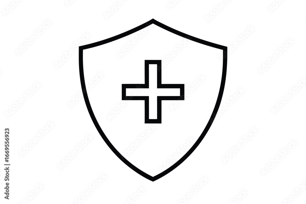 Shield Icon with Cross, Outline Design on White Background, Isolated Shield Icon with Cross, Outline Design on White Background, Isolated