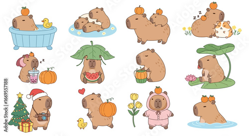 A delightful collection of cute capybara characters in a vector illustration set. Funny kawaii animal graphics for stickers and children's designs. EPS 18