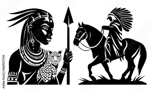 Hand Drawn Illustration of Warrior Woman and Horse Rider in Black and White