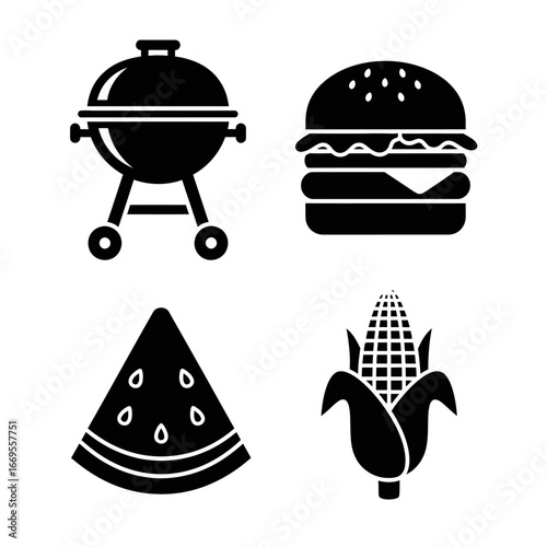 Black and white icons of a grill, burger, watermelon slice and corn on the cob on a white background