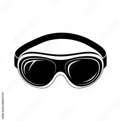 Illustration of black goggles with white outline and black strap on a white background plain view