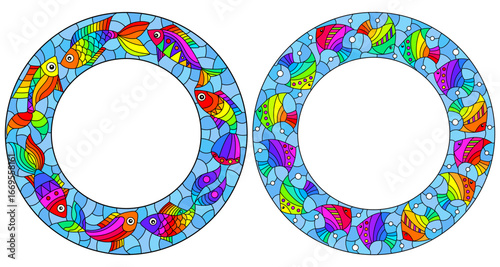 Set of illustrations in stained glass style with bright frame with rainbow abstract fishes on a blue background