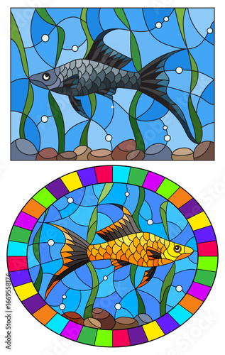 Set of illustrations in stained glass style of a swordfishes on a background of algae and water