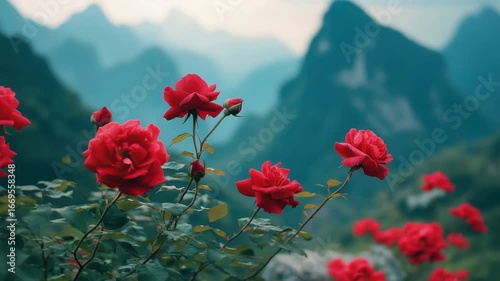 Red rose flower with green leaf in mountain landscape outdoor scene showcasing nature’s vibrant colors and natural light in beautiful plant setting with soft focus background