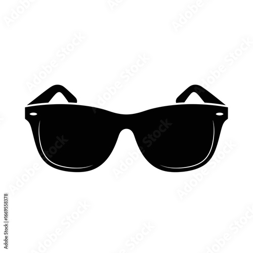 Isolated black sunglasses with thick frame and temple arms on a plain white background in a studio shot