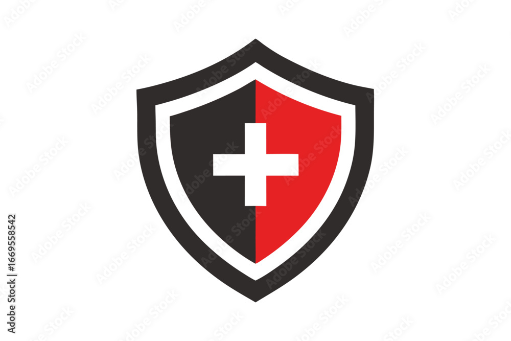 Fototapeta premium Red Black Shield with White Cross Emblem on White Background