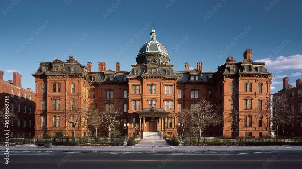 Obraz premium Impressive Large Red Brick Building with a Beautiful Dome on Top Surrounded by Lush Green Trees and Clear Blue Sky Evoking a Sense of Grandeur and History